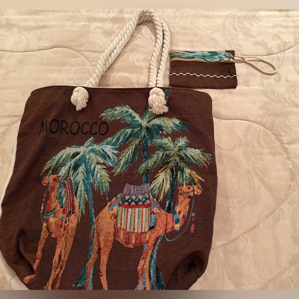 Brown Tote Canvas Bag with Camel and Palm Tree Design from Morocco